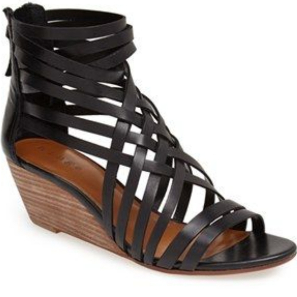 Hinge Womens Black Leather  Wedge Heel Shoes Sandals Size 8.5 M #p57-43